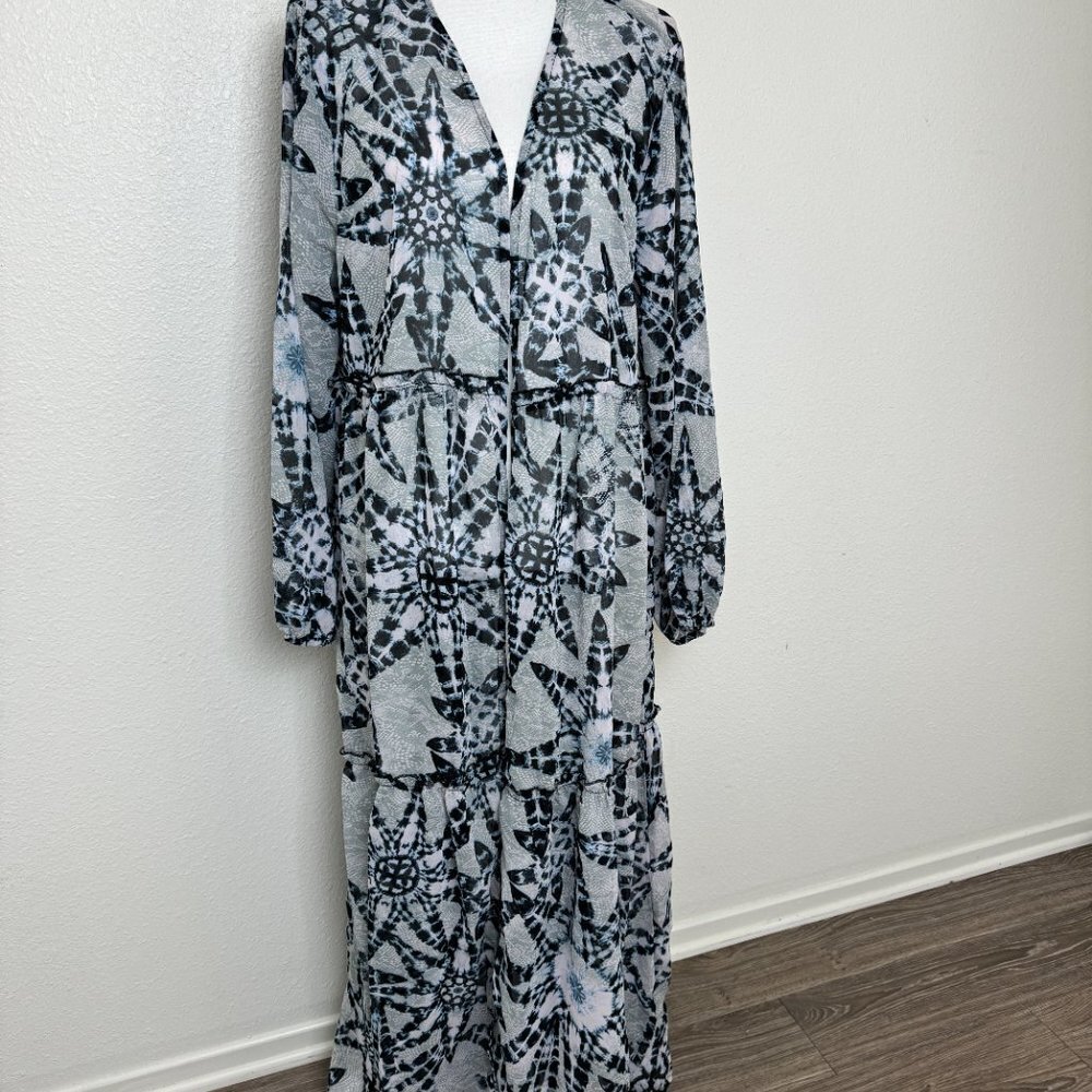 NWOT Rebellion Maxi Cover Kimono Beach Pool Cruise Long Sleeves Ruffles Sz XL